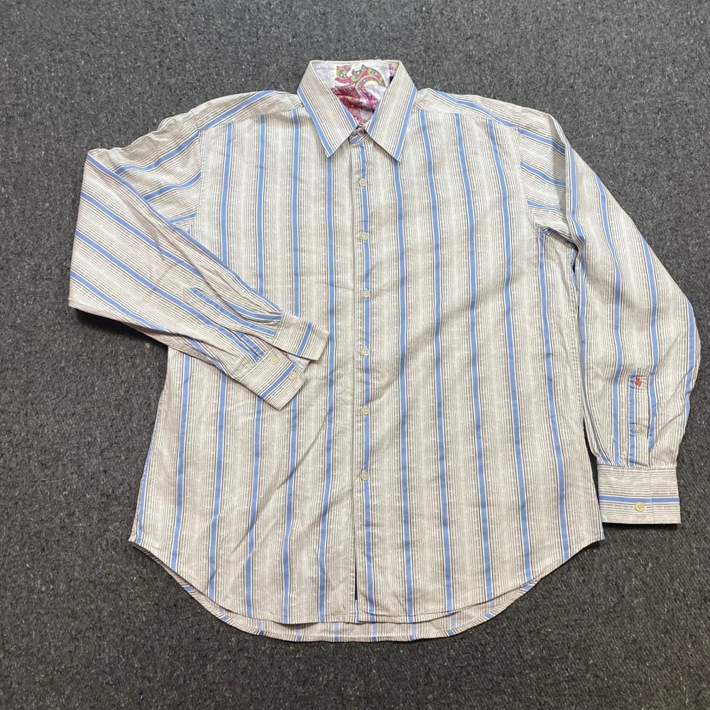 Robert Graham Shirt Sz L Mens Blue White Stripe Paisley Trim Dobby Star Texture